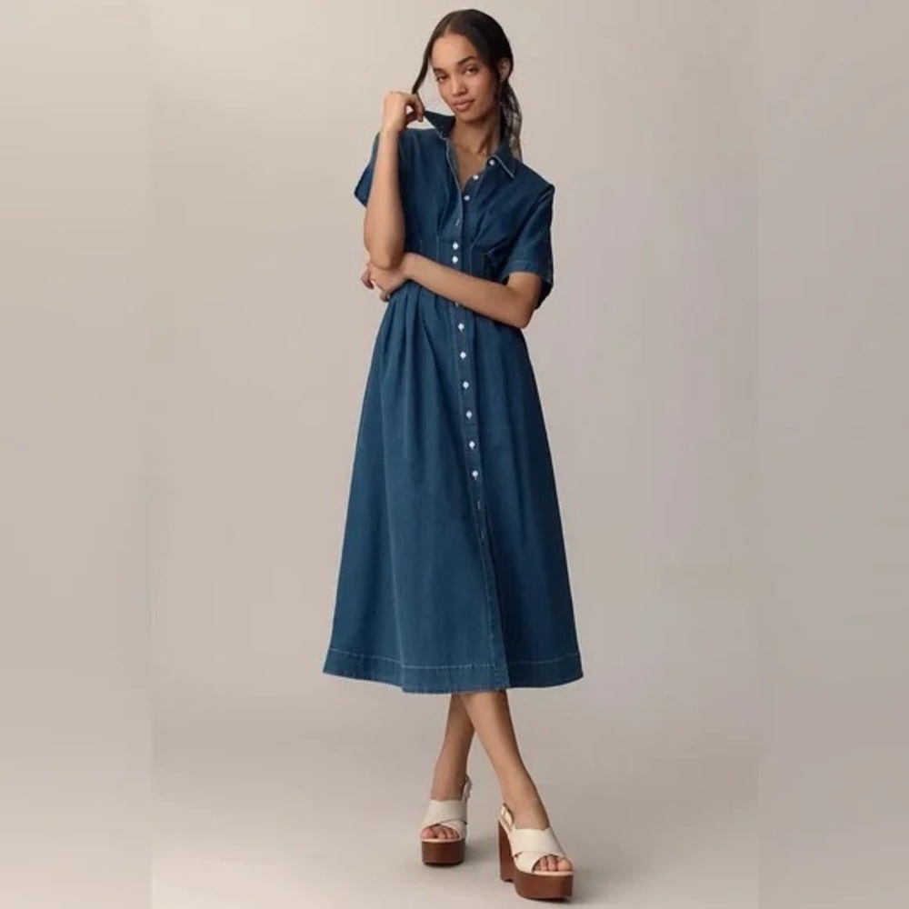 Anthropologie x Exquise The Tobie Button-Front Pleated Shirt Dress Denim S NWT
